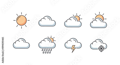 Weather forecast icons representing diverse atmospheric conditions and sunny weather elements