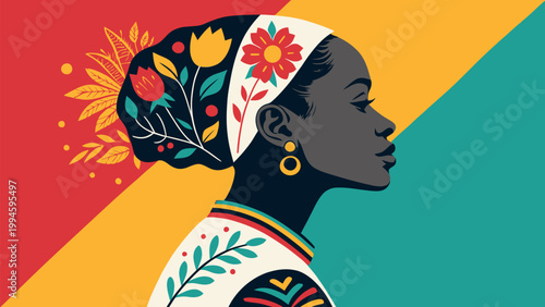 Portrait of a black woman in profile with floral headscarf and vibrant abstract background