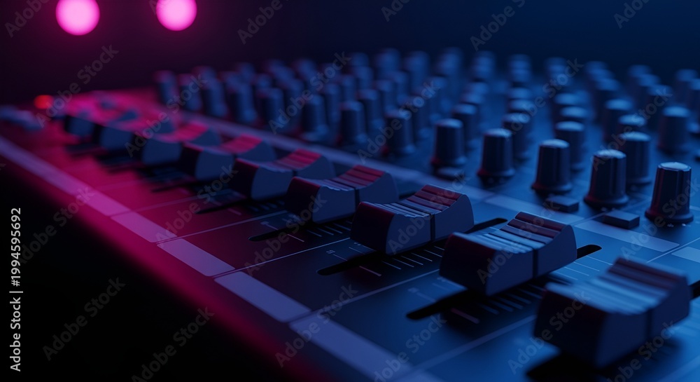 Fototapeta premium Audio Mixer Faders Close Up with Neon Pink and Blue Lights