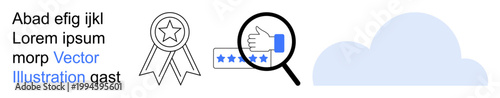 Quality assurance, cloud storage, customer reviews, rating systems, online evaluation, digital analysis. Ribbon and thumbs-up with magnifying glass and stars. Quality assurance and customer reviews