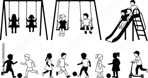 Isolated a realistic kinds of deferent Children playing – elevation view – 2D – black and white illustration vector art with white background.