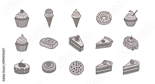 Illustration of various pastries, sweets, and desserts in black and white icons for design