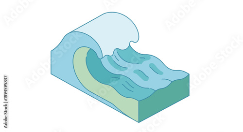 Isometric ocean wave illustration depicting fluid dynamics and marine movement