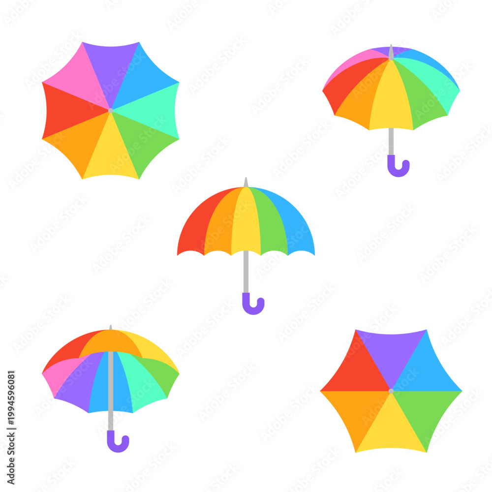 Obraz premium Colorful rainbow umbrella set with multiple sizes scattered on white background