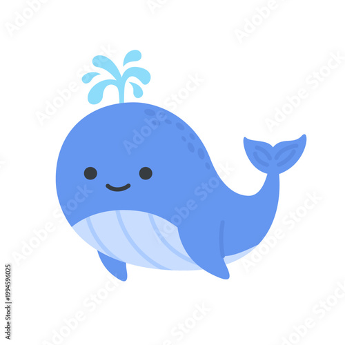 Cute kawaii blue whale cartoon character spouting water with smiling face on white background