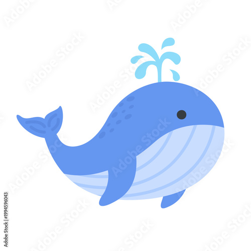Cute kawaii blue whale cartoon character facing right spouting water on white background