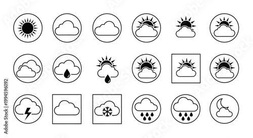 Weather forecasting icons showing sunny, cloudy, rainy, snowy, and nighttime conditions