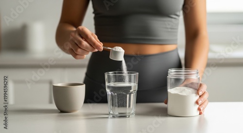 Woman adding creatine powder to water in minimal kitchen shows modern daily wellness routine, simple supplementation habit and clean lifestyle nutrition concept. Protein shake