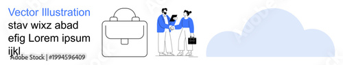 Business communication, teamwork, cloud storage, digital collaboration, online tools, future technology. Two people shaking hands with a briefcase and a cloud graphic. Business communication