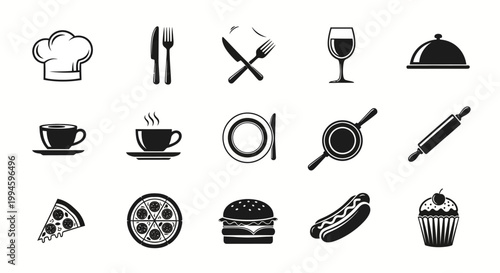 Minimalistic food and culinary icons representing diverse restaurant essentials