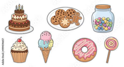 Sweet Treats Collection: Cake, Cookies, Ice Cream, Donut, Cupcake, Candy Jar, Lollipop