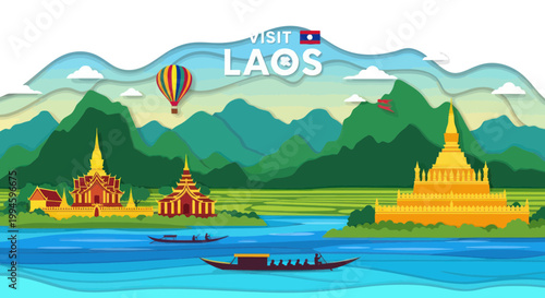 Visit Laos: Scenic Landscape with Temples, River, and Hot Air Balloon
