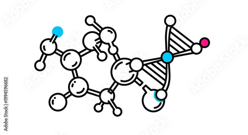 Stylized molecule diagram with atoms and bonds in a minimalist and colorful illustration