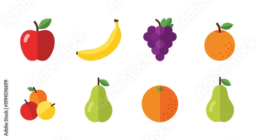 Vibrant and Playful Collection of Colorful, Flat-Design Fruits for Healthy Eating Concept