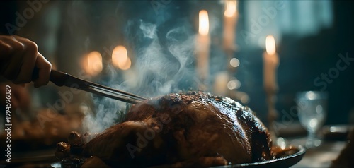 Hand carving roasted turkey with fork and knife on plate with steam rising in dimly lit room with candles