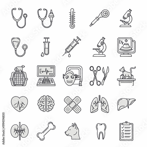 Collection of veterinary medical icons representing various aspects of animal healthcare and diagnostics.