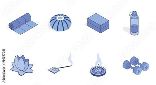 Isometric illustration of yoga and wellness items promoting relaxation and mindful practices