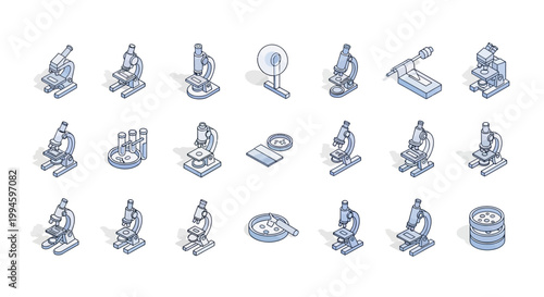 Isometric scientific laboratory illustration featuring multiple microscopes and related equipment