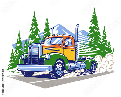 Mountain truck vintage artwork. Semi truck illustration for apparel. Transport graphic print. Fast wheels challenge. Outdoor adventure design.