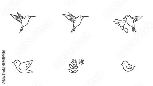 Elegant Bird Icons: A collection of meticulously crafted, minimalist line art icons, each portraying a different bird species in various states. perfect for designs.