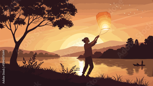 Silhouette of a person releasing a glowing sky lantern over a calm lake at sunset