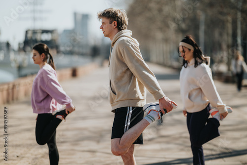 Fotografie Three young sportspeople stretching their quadriceps on a riverside promenade