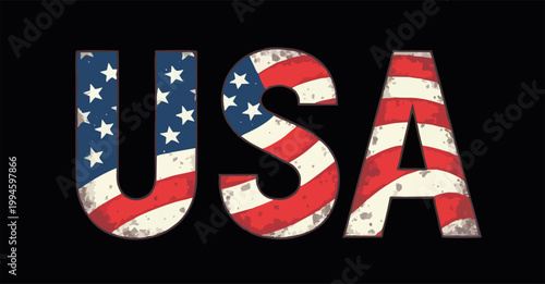 Vector isolated drawing for t-shirt with inscription USA from national united states flag isolated on black 
background. Pattern for fabric, 
paper, clothing. American font. Mockup america t shirt.