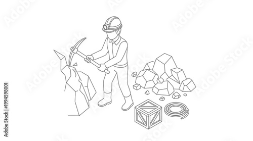 An isometric illustration depicts a miner in a hard hat with a headlamp, swinging a pickaxe to chip away at a rock face, surrounded by a pile of extracted rocks, a wooden crate, and a coil of rope.