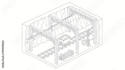 Isometric illustration of a mine shaft interior, showcasing wooden supports, mine cart tracks, and a mine cart filled with ore.