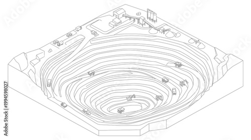 Isometric illustration of a large open-pit mine with terraced levels, showing trucks and equipment, and a processing plant at the top.