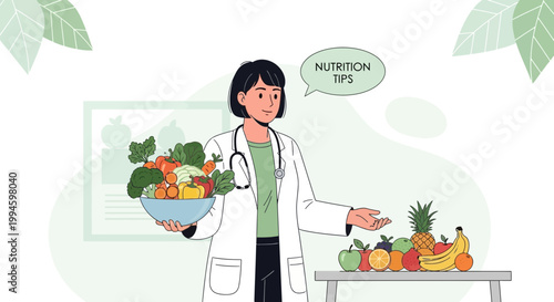 Nutritionist with Fresh Fruits and Vegetables, Healthy Eating Concept