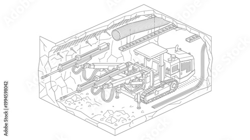 Illustration of a tunneling jumbo drilling machine with multiple booms in an underground mine or construction site, showing rock excavation and support systems.
