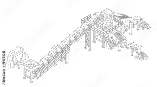 Industrial processing plant with conveyor belts, crushers, and sorting mechanisms for material handling and waste management.