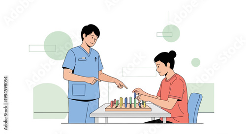Occupational therapist helps patient with cognitive rehabilitation using therapy toy