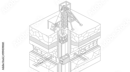 Isometric illustration of a mine shaft with a hoisting system and underground transportation network.