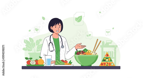 Nutritionist with healthy food, doctor advising on diet, balanced meals, and organic ingredients