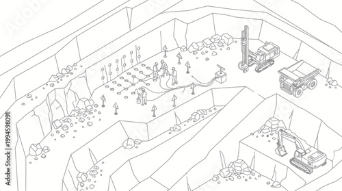 An isometric line drawing depicts an open-pit mine with various heavy machinery and drilling operations, showcasing the industrial process of resource extraction.