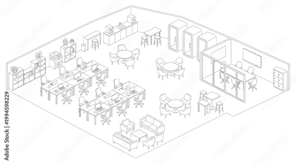 Fototapeta premium Isometric illustration of a modern open-plan office space featuring workstations, meeting rooms, and lounge areas.