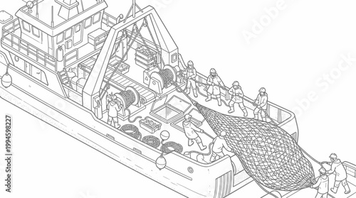 Illustration of a fishing trawler with crew members hauling in a large net filled with fish.