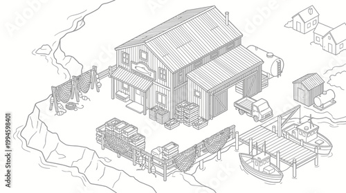 Isometric illustration of a waterfront industrial complex featuring a large warehouse, docks, boats, trucks, and various storage tanks.