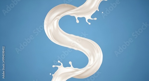 Creamy white milk splash, fluid wave shape, isolated on blue background