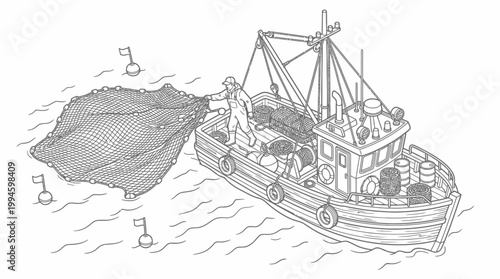 A detailed illustration of a fishing trawler at sea, with a fisherman hauling a large net aboard.