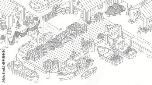 Isometric line drawing of a bustling fishing harbor with boats docked, crates stacked on the pier, and buildings in the background.