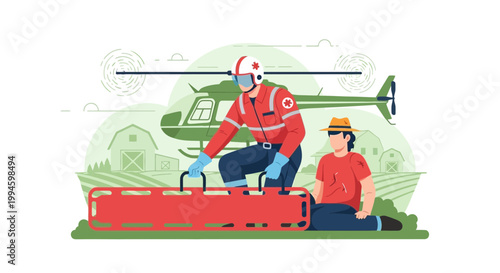 Paramedic assists injured person with helicopter evacuation in rural setting