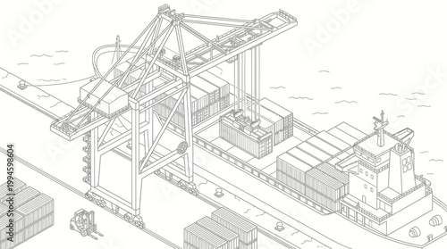 An isometric illustration of a large gantry crane loading shipping containers onto a cargo ship at a busy port terminal.