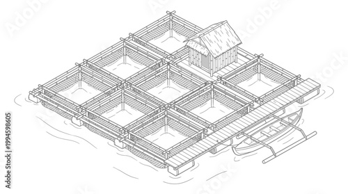 An isometric illustration of a floating fish farm with multiple pens and a small dwelling, connected by a wooden walkway.