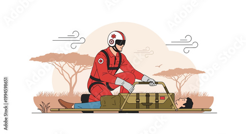 Paramedic in Red Uniform Assists Injured Person on Stretcher in African Savanna