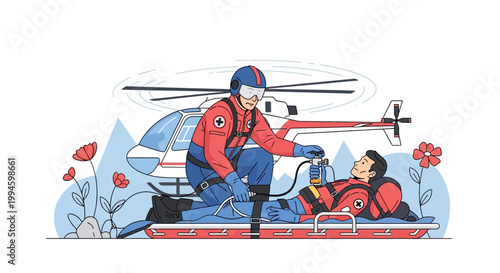 Paramedic Helicopter Rescue: Medical Team Evacuating Injured Patient from Remote Area