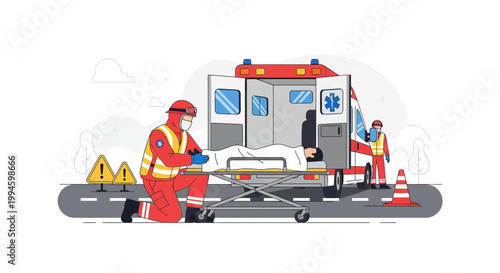 Paramedic in Hazmat Suit Tending to Patient Next to Ambulance