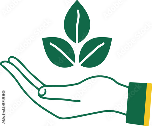 Hand holding plant icon, eco sustainability and environmental care concept with growing leaf symbol.